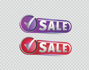 Symbol of sale with a tick mark in purple and red colors isolated on a transparent background