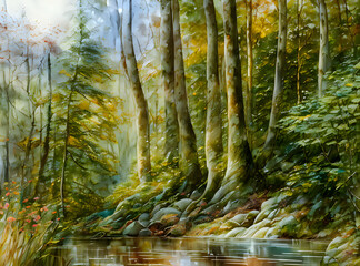 Obraz premium autumn forest in the morning, summer, park, environment, AI generated 