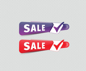 Red and violet sale labels with check marks.