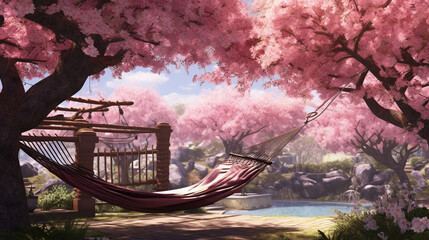 A tranquil garden with a hammock swaying gently between two blooming cherry blossom trees Generative AI