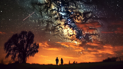 Obraz na płótnie Canvas A couple holding hands and watching shooting stars in a clear night sky Generative AI