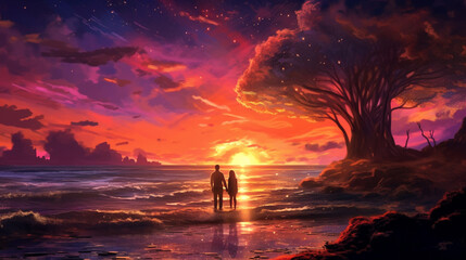 A couple sharing a warm embrace amidst a colorful sunset at the beach Generative AI