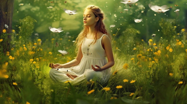 A peaceful meditation session in a lush meadow, surrounded by wildflowers and chirping birds Generative AI