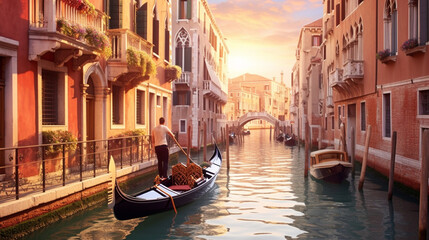 A romantic gondola ride through the picturesque canals of Venice, with colorful buildings as a backdrop Generative AI