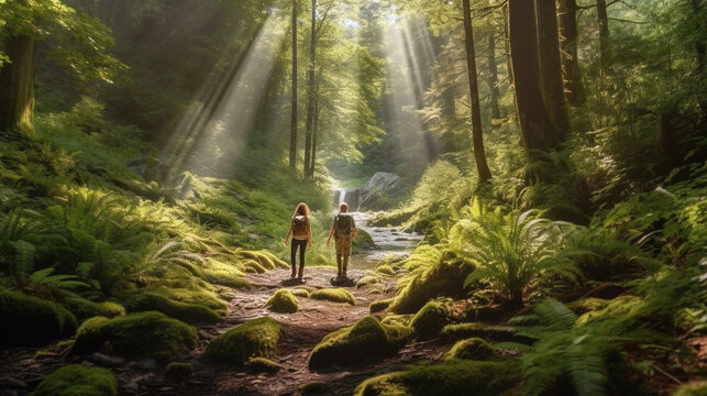 A couple enjoying a scenic hike through a lush forest, with sunlight streaming through the trees Generative AI