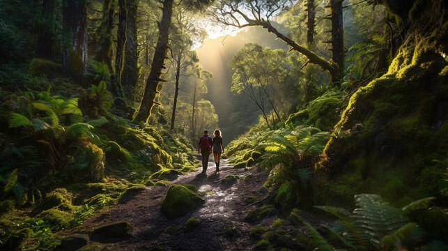 A couple enjoying a scenic hike through a lush forest, with sunlight streaming through the trees Generative AI
