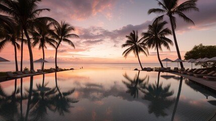 Naklejka na ściany i meble A swimming pool surrounded by palm trees at sunset. AI generative image.