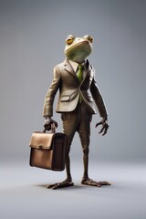 Frog in a business suit, holding a briefcase, blending nature and professionalism.Generative AI.