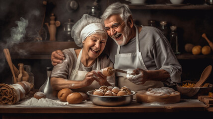 A couple savoring the simple joys of baking together, surrounded by flour, mixing bowls, and freshly baked treats Generative AI