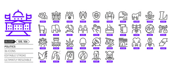 Politics related, pixel perfect, editable stroke, up scalable, line, vector bloop icon set.