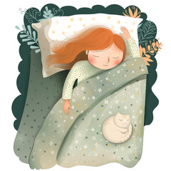Sleeping girl, in bed, with a cat.