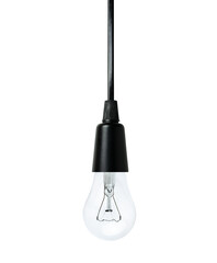 one incandescent light bulb hanging on a wire on a white isolated background