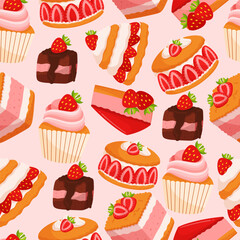 Seamless Pattern Featuring Delicious Strawberry Desserts Like Cakes, Tarts, And Muffins, Adorned With Red Strawberries