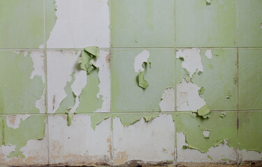 Old white tiles painted over in green and the paint now peeling off