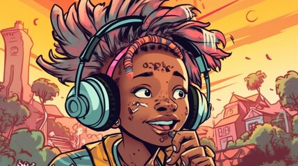 Illustration of girl wearing headphones and enjoying music. Generative ai.