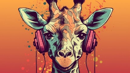 Illustration of a giraffe wearing headphones and enjoying music. Generative ai.