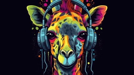 Illustration of giraffe wearing headphones and enjoying music. Generative ai.