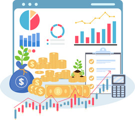 business investment and profit concept.Business chart and gold coin. Desktop of a businessman. The concept of analysis and investment and business success