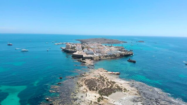 Video of a stunning aerial view of Tabarca Island in the crystal clear waters of Alicante, Spain