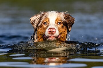 Adorable playful dog swimming in a lake in the park