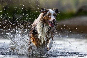 Beautiful shot of a dog playing in the river and enjoying the water with making splashes