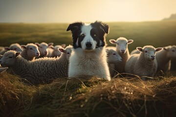 Fototapeta premium Cute border collie dog guards a flock of sheep. Generative ai images