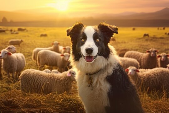 Cute border collie dog guards a flock of sheep.  Generative ai images