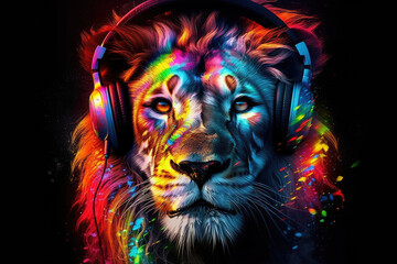 Lion King wearing stylish headphones, perfect for a fun and creative t-shirt design. Ai generated