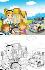 Obraz na płótnie Canvas cartoon scene with kids after bicycle accident and ambulance and doctor coming to help - illustration for children