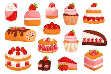 Delectable Assortment Of Strawberry Desserts, Including Strawberry Cake, Muffin, Shortcake, Cheesecake with Mousse