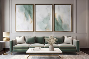 Modern living room with triple set wall art, generative ai