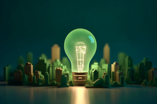 light bulb paper with green eco friendly city in 2060 Save energy creative idea concept,ai generative

