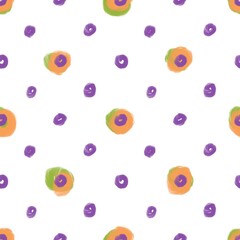 Seamless abstract geometric pattern. Simple background on orange, purple, green, white. Illustration. Rings, circles. Designed for textile fabrics, wrapping paper, background, wallpaper, cover.