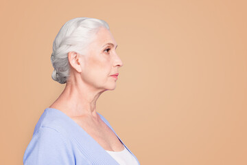 Side profile view portrait of beautiful nice content serious gray-haired old lady wearing casual....