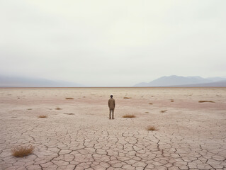 Person standing alone in a barren landscape. The vast emptiness of the surroundings contrasts with the individual's presence, illustrating their isolation and emotional struggle. 