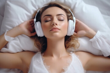 Young women, eyes closed with headphones on, lying down on white pillow, relaxing and listening to music. Developed with generative ai