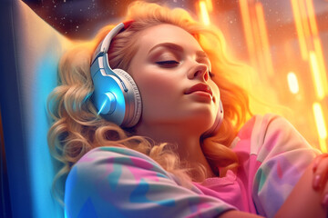 Young women, eyes closed with headphones on, lying down relaxing and listening to music. Developed with generative ai