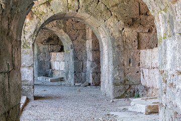 Ancient roman theater. Upper gallery. Side city, ancient Pamphylia (Antalya region, Turkey). Art, architecture or history concept