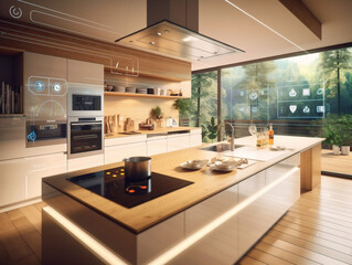 Interior illustration of smart home kitchen with artificial intelligence concept