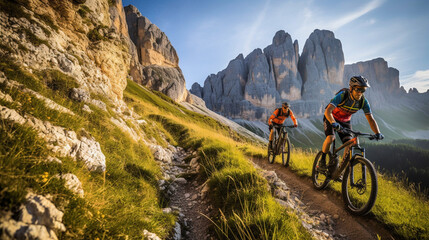 Auf zwei Rädern durch die Natur: Mountainbiken in Gröden, Südtirol - obrazy, fototapety, plakaty