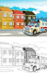 Obraz premium cartoon scene in the city with happy ambulance - illustration for children
