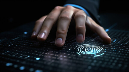 Authentifizierung der Zukunft: Geschäftsmann nutzt Fingerabdruck-Scanner-Technologie - obrazy, fototapety, plakaty