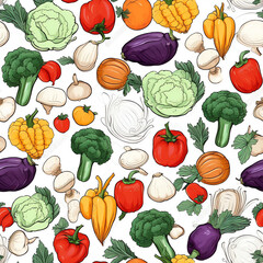 Generative AI Seamless vector pattern with hand drawn vegetables: broccoli, paprika, carrot, cucumber, garlic, potato, tomato, eggplant, beet