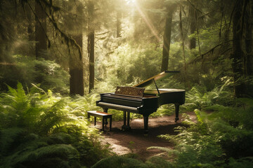 Grand piano sitting in lush calm green forest with the sun. Abstract surreal music background. AI generated - 607350366