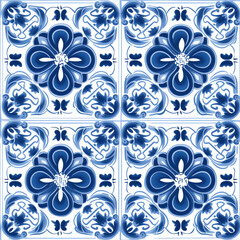 Generative AI Portuguese traditional ornate azulejo, seamless vector pattern in blue and white colors