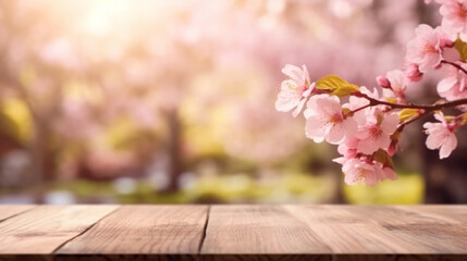 Idyllischer Garten mit Sakura-Blüten und einem Holztisch