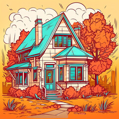 Generative AI Autumn landscape with cute house.