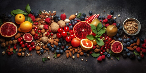 Healthy food background with fruits berries vegetables seeds superfood cereal set. AI generated