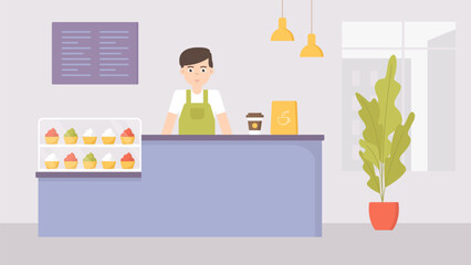 Coffee business ilustration. Barista at cafe counter vector. Showcase with cakes or delicious treats. Man sells desserts and makes coffee. Interior flat style.