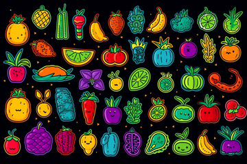 Generative AI Eat fresh cute colorful hand drawn fruit and vegetables set in doodle style. Isolated illustrations and lettering. Concept illustration for organic, bio, fresh food.